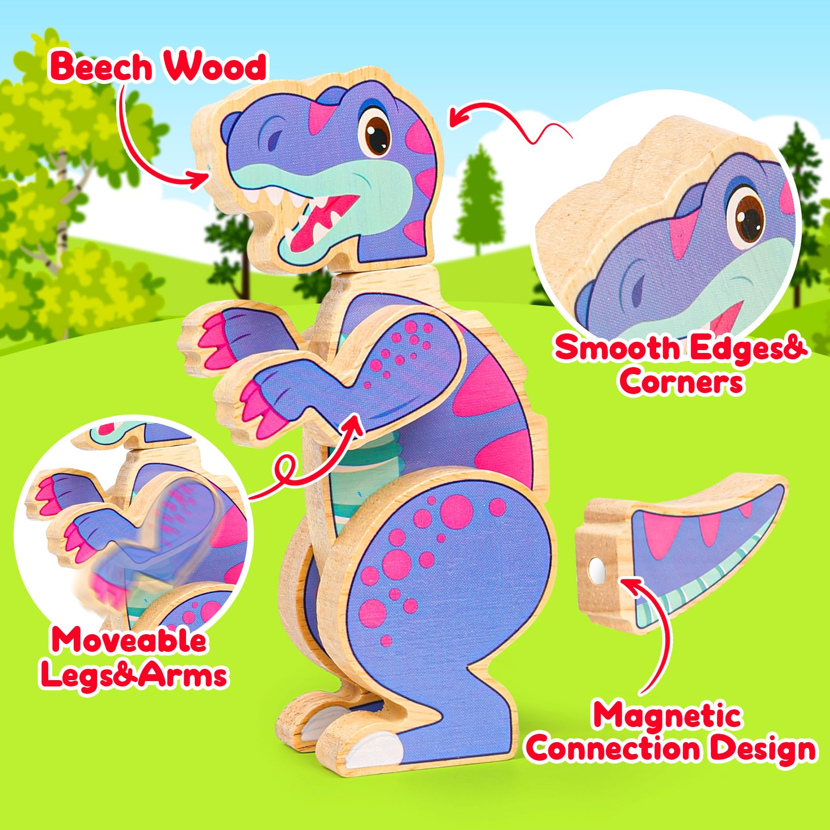 FQKIOMY magnetic dinosaur pieces snapped together for easy, kid-friendly assembly.