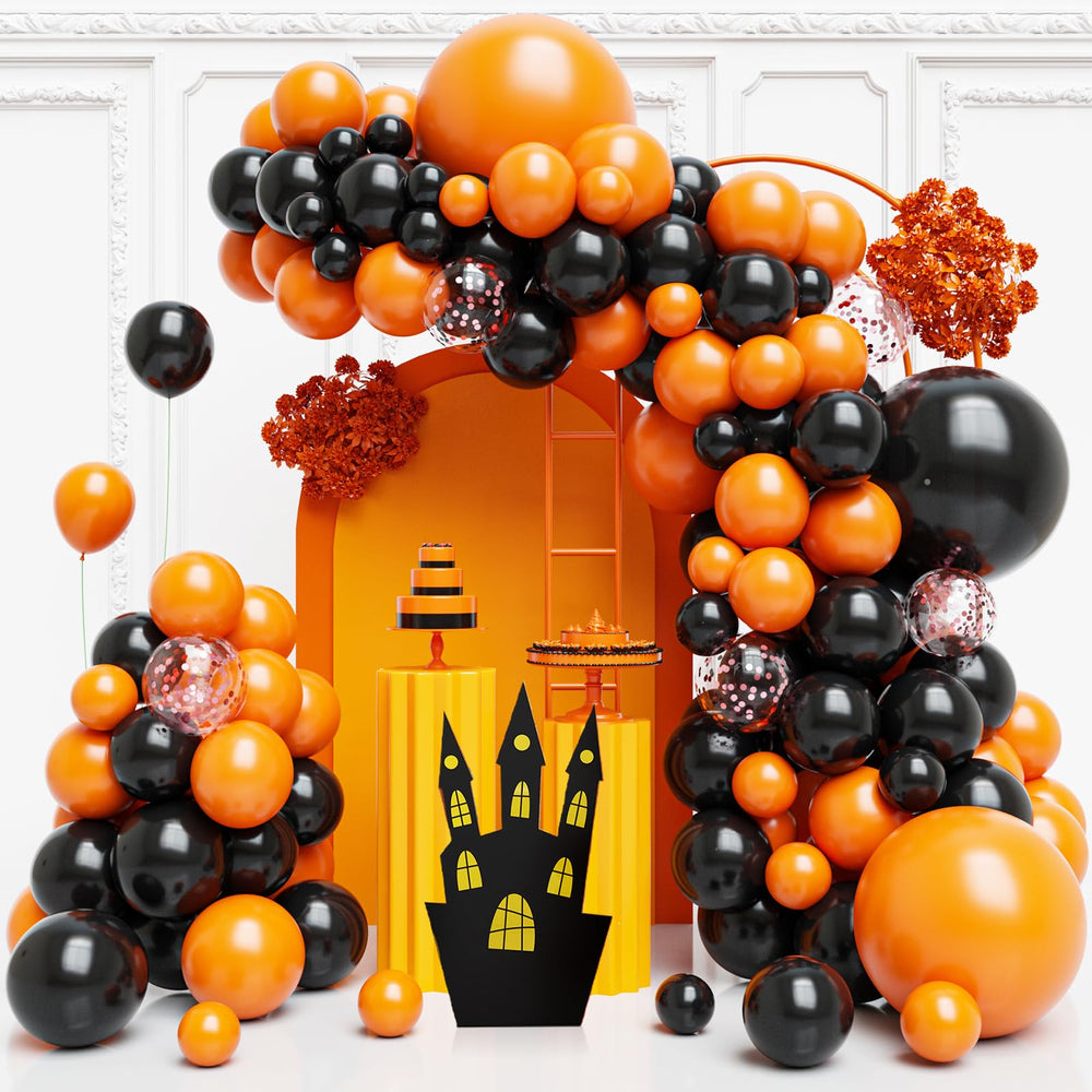 FQZYLCH orange and black balloon arch kit with 130 pieces, ideal Halloween backdrop.