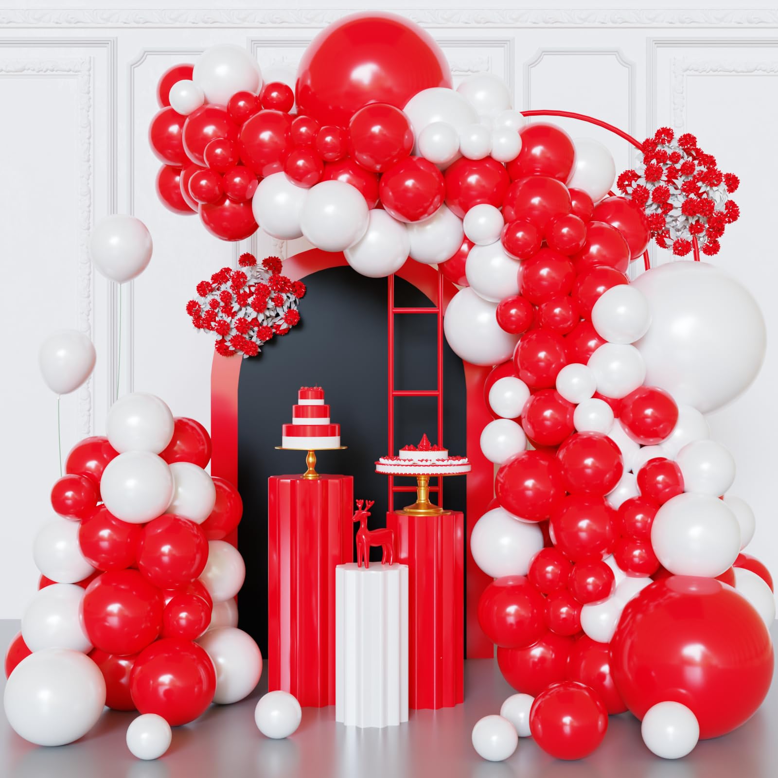 FQZYLCH red and white balloon arch kit setup creates a festive backdrop