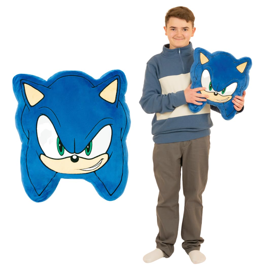 Franco Sonic Face Pillow, 16-inch front view showing vibrant embroidery and plush texture.