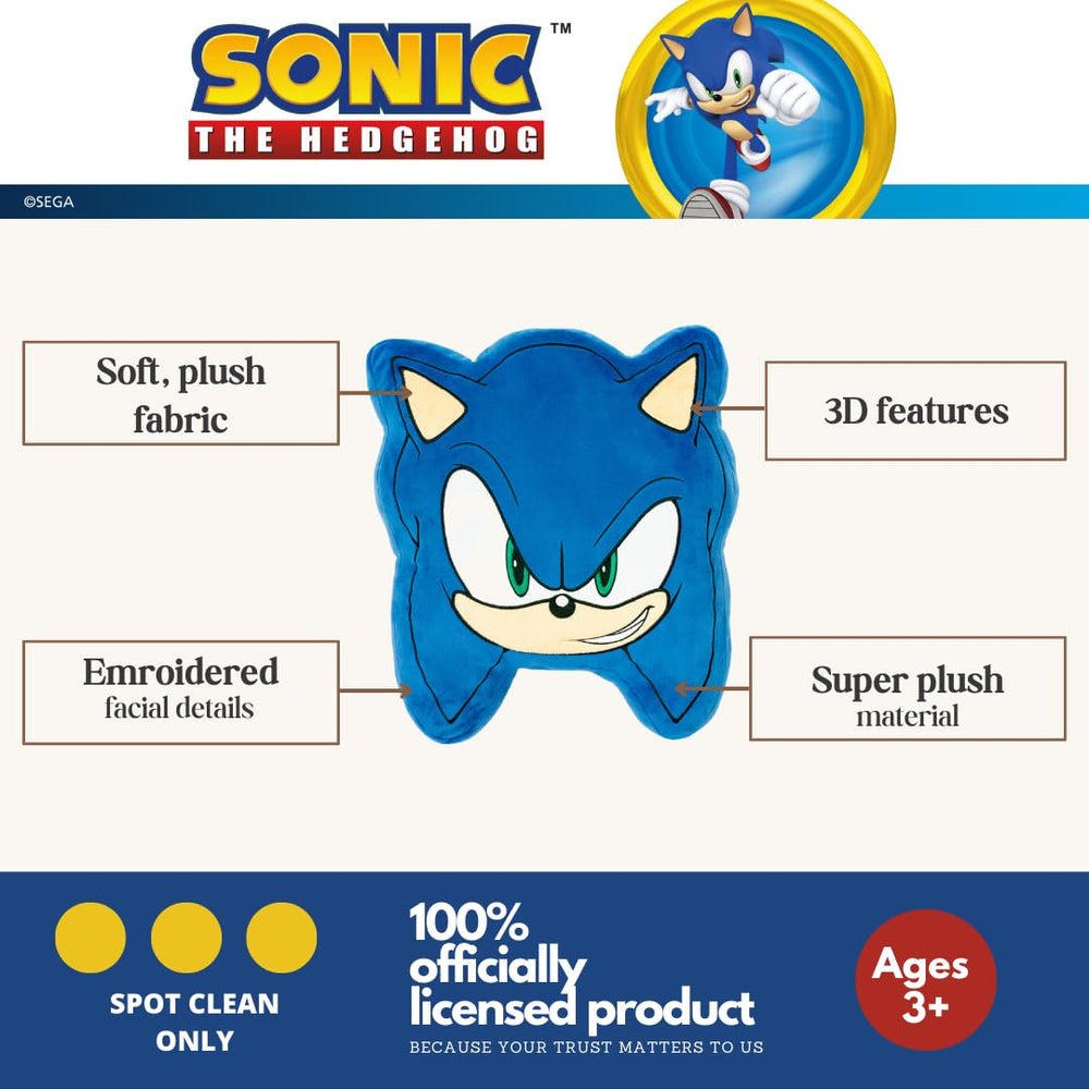 Franco Sonic Face Pillow made with ultra-soft plush for cozy comfort.
