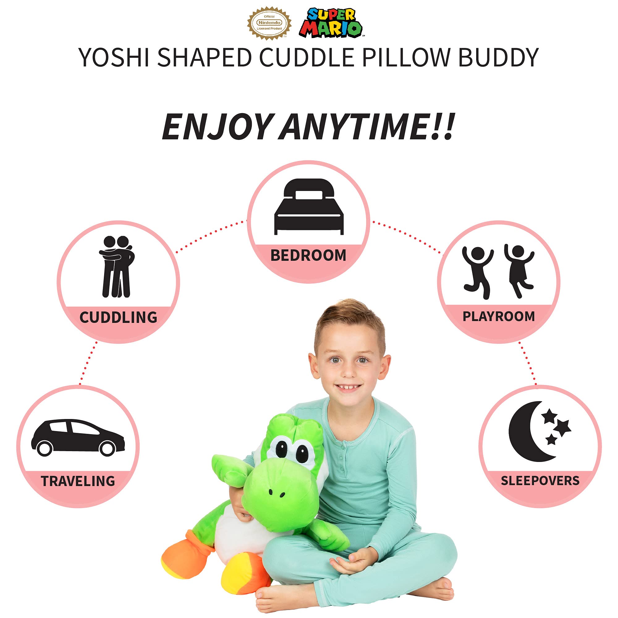 Franco Yoshi cuddle pillow embroidered face detail for added character.