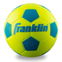 Franklin Sports Probrite mini foam soccer ball in neon yellow viewed from front for high visibility.