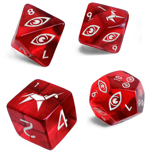 Close-up engraving detail on Free League Blade Runner dice.
