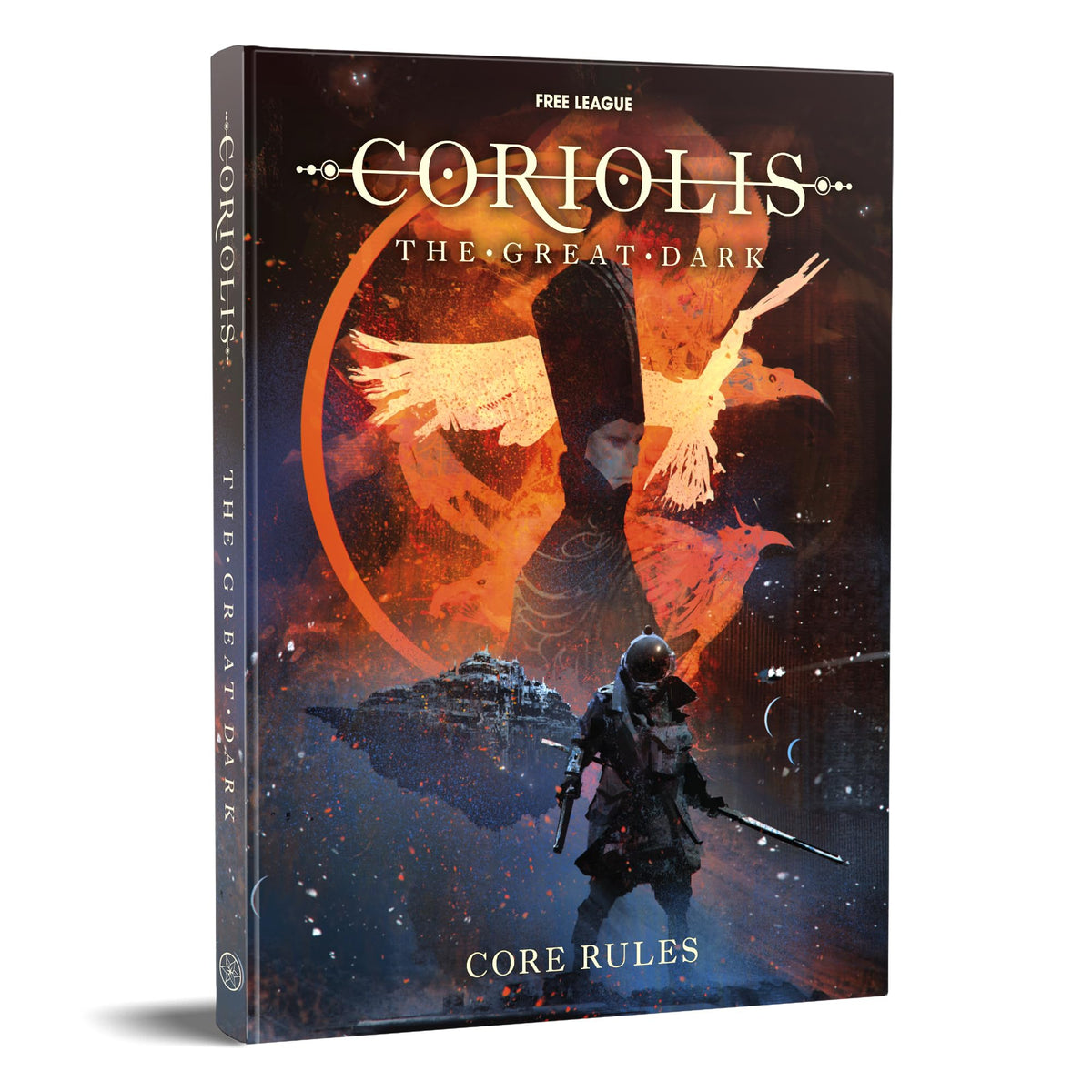 Free League Coriolis Great Dark core rulebook cover, inviting immersive space exploration and storytelling.