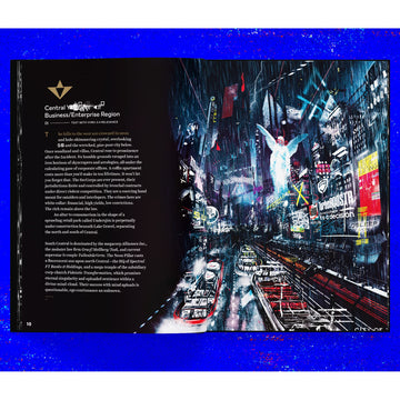 Free League CY_BORG Core Rulebook megacity art evokes neon skyline ambience.