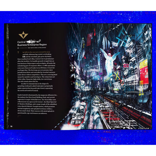 Free League CY_BORG Core Rulebook megacity art evokes neon skyline ambience.
