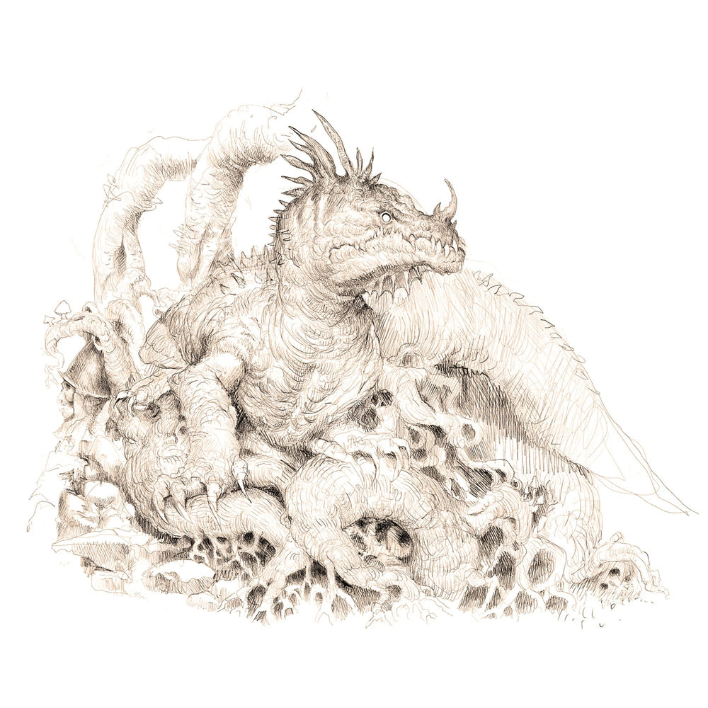 Free League Forbidden Lands Book of Beasts Basilisk illustration, atmospheric monster visuals.