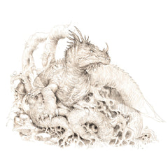 Free League Forbidden Lands Book of Beasts Basilisk illustration, atmospheric monster visuals.