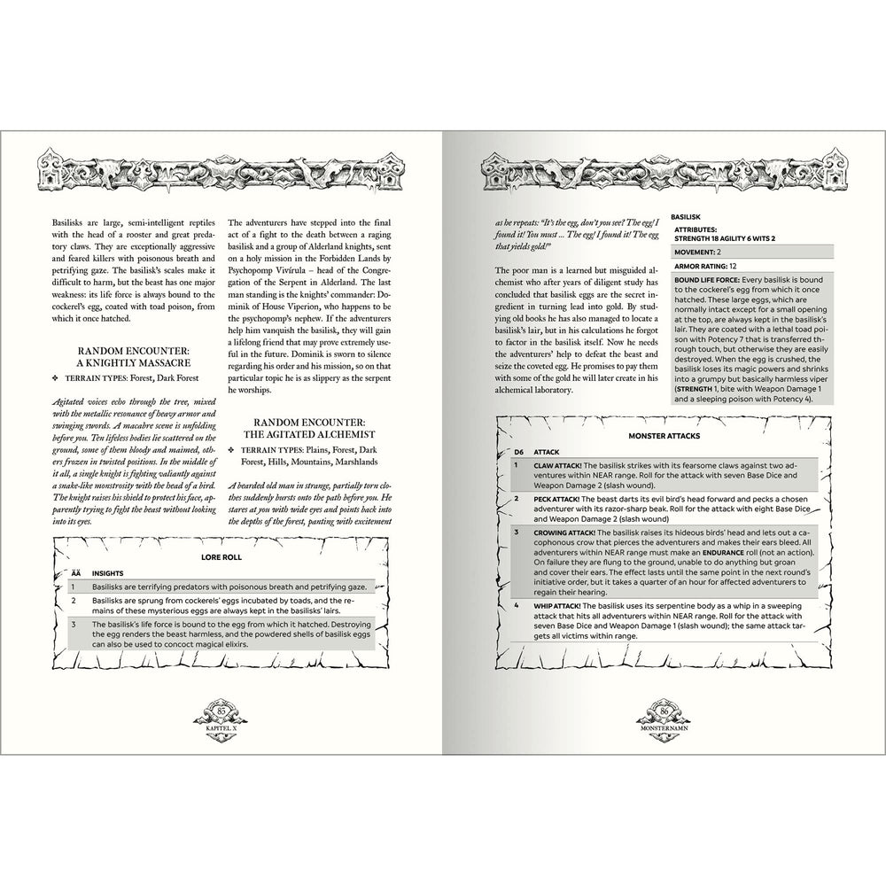 Free League Forbidden Lands Book of Beasts gold foil stamping, collectible visual appeal.