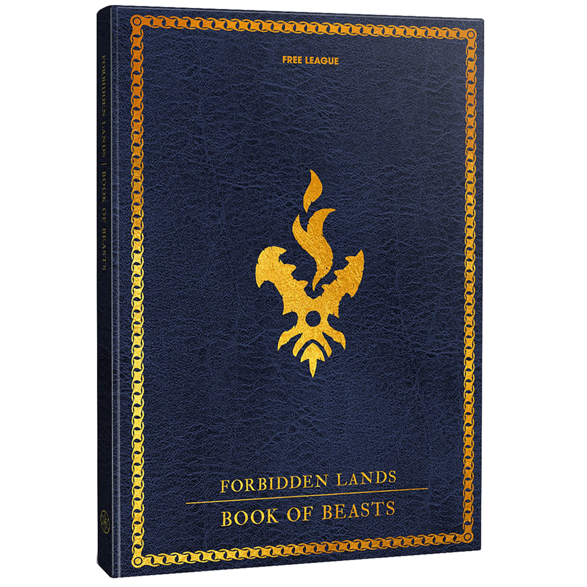 Free League Forbidden Lands Book of Beasts hardcover cover, premium durability for heavy tabletop sessions.