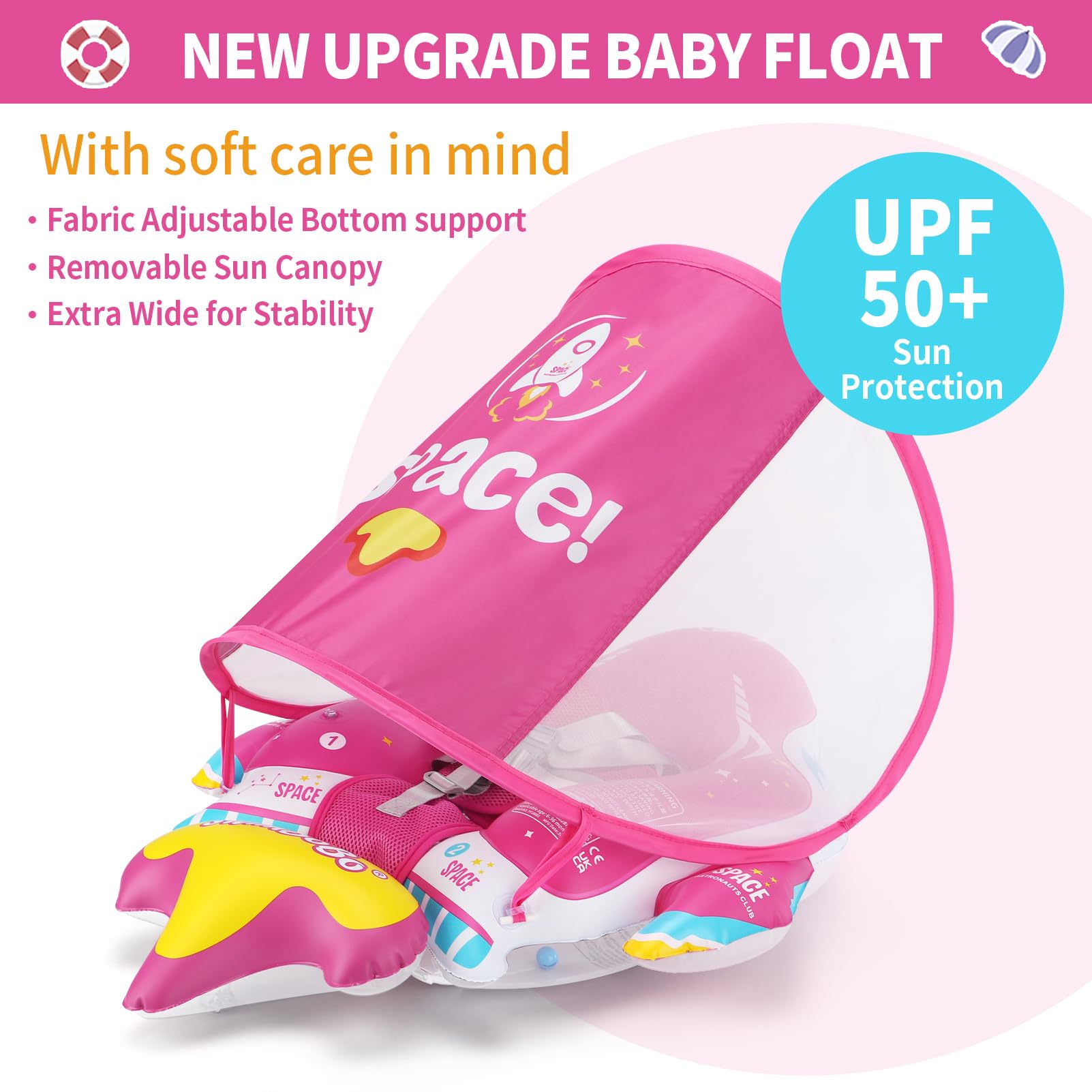 Swimbobo spaceship float canopy extended shields sun exposure while supporting horizontal kicking