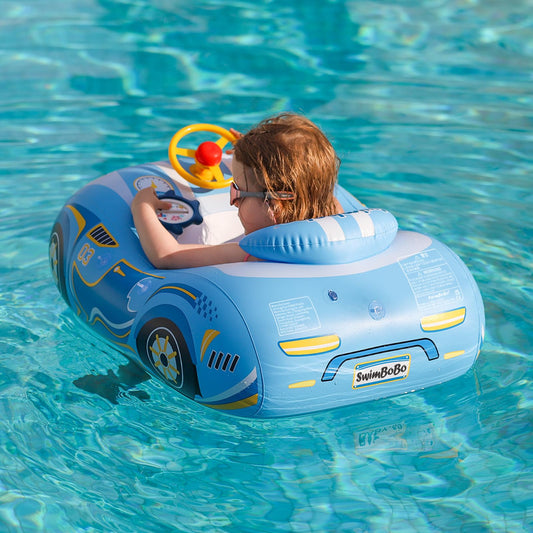 Free Swimming Baby Swimbobo float with blue sport car design provides buoyant toddler support.