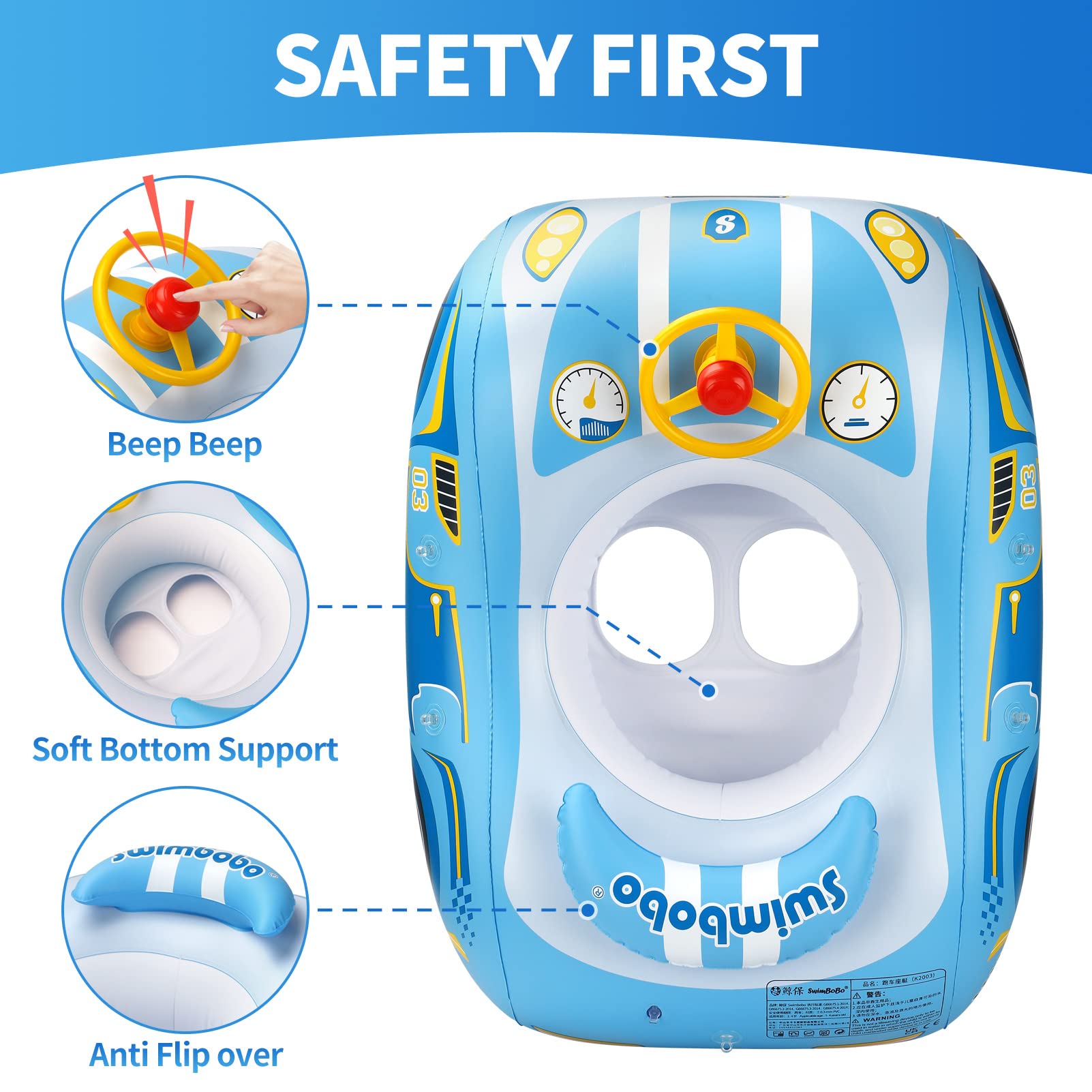 Free Swimming Baby Swimbobo car boat float features a steering wheel for interactive water play.