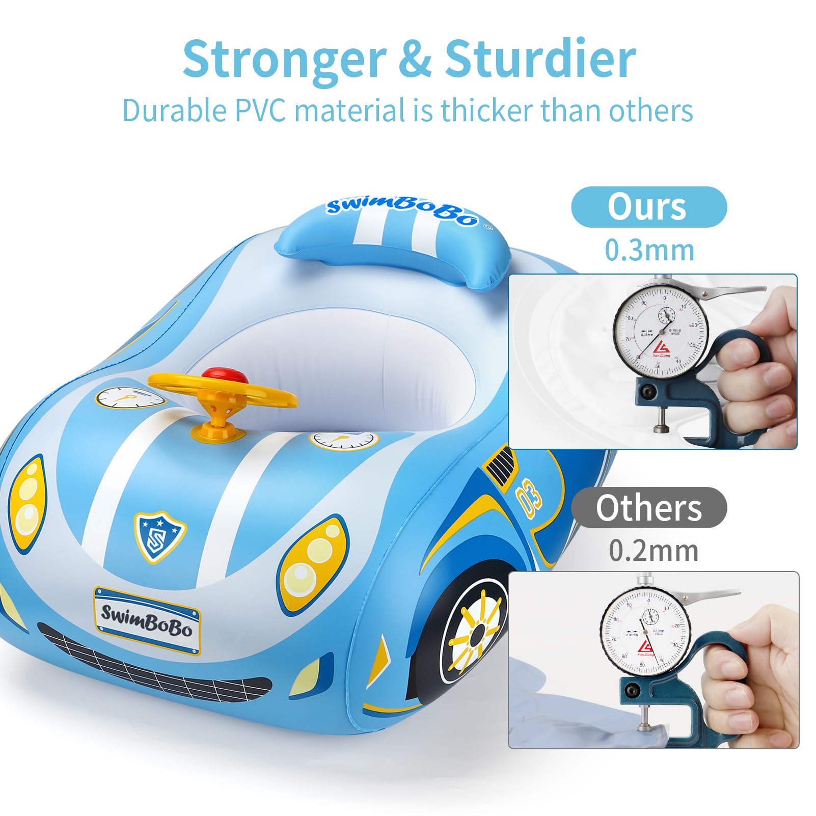 Free Swimming Baby Swimbobo blue float inflates and deflates quickly for easy setup.