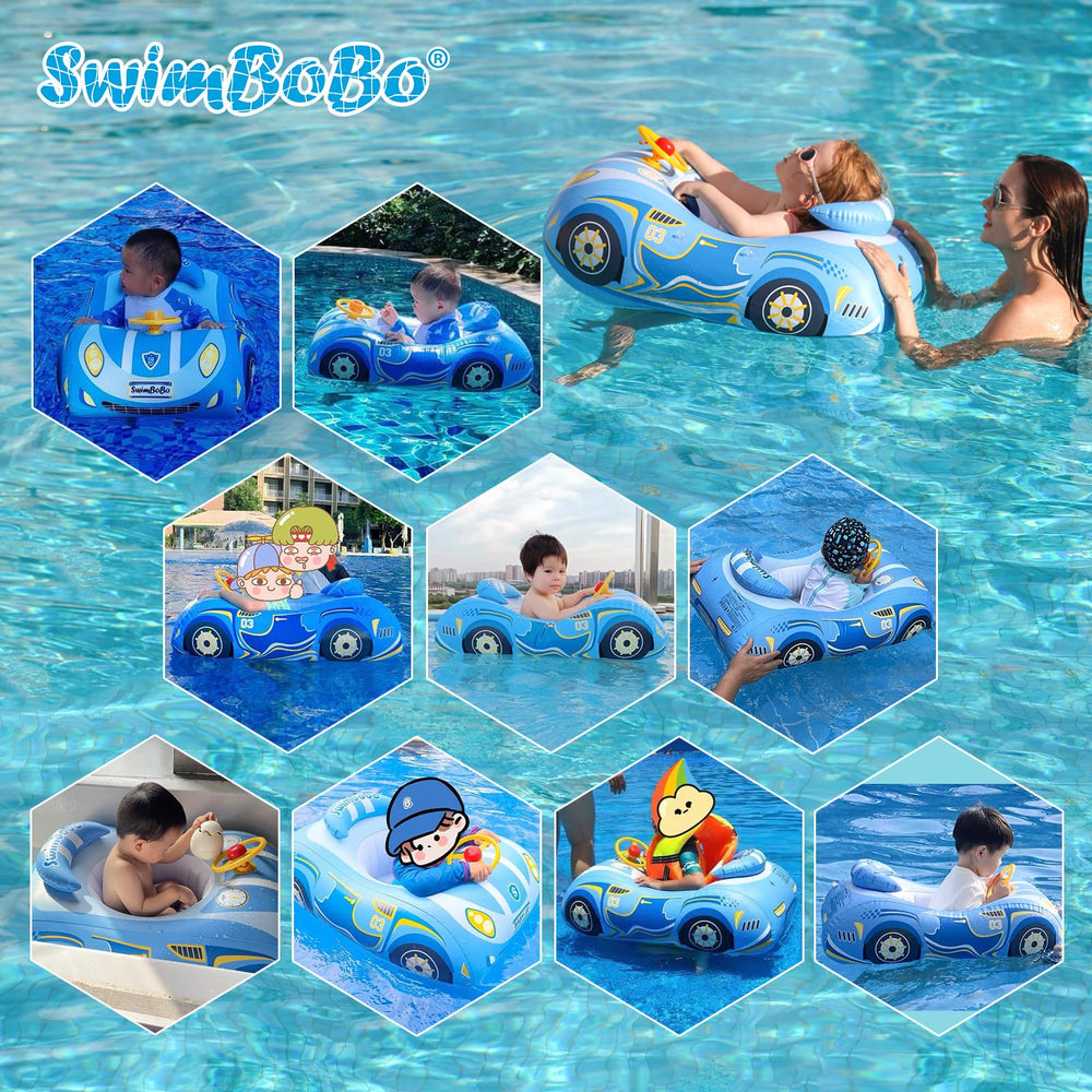 Free Swimming Baby Swimbobo ride-on float includes BEBE horn for playful moments.