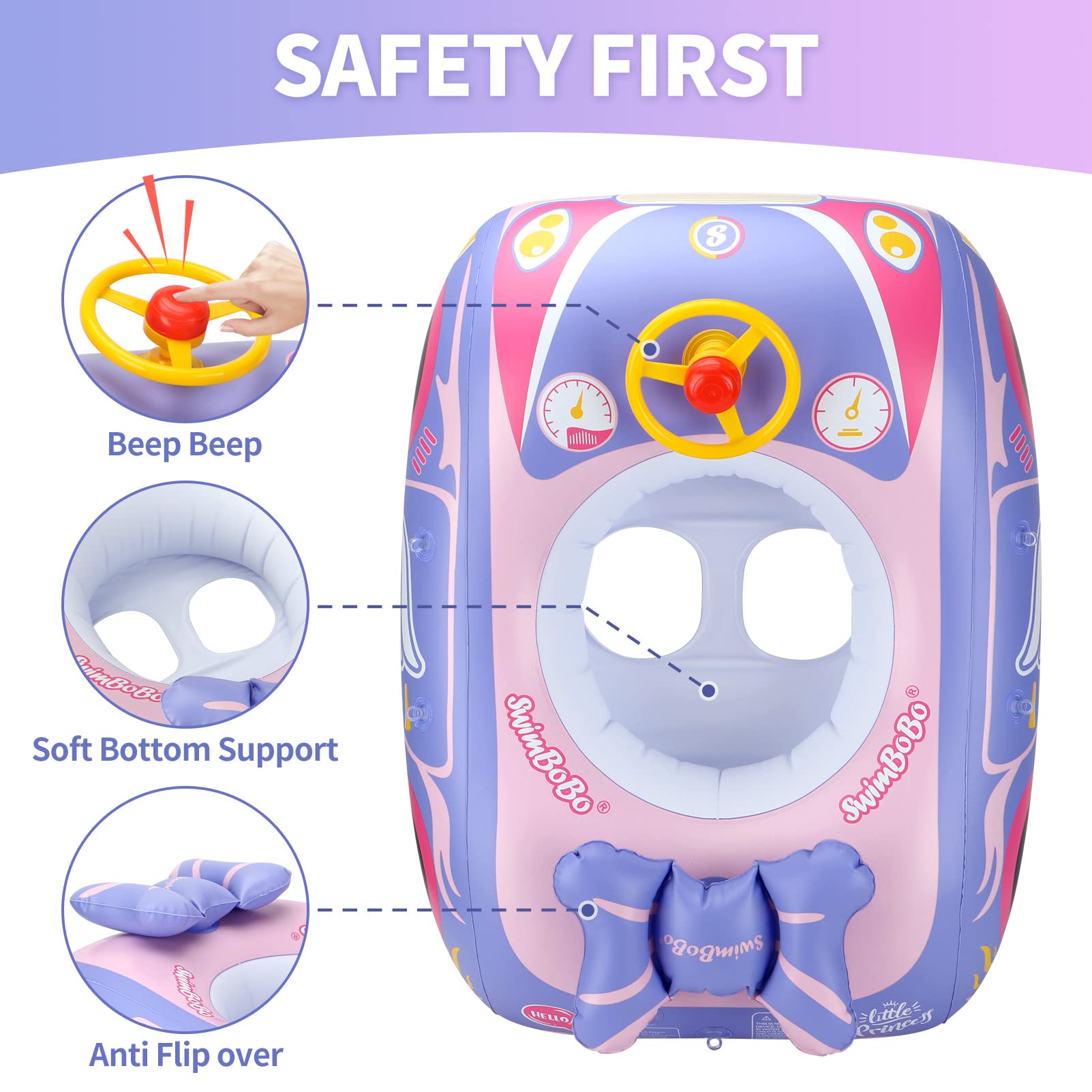 Swimbobo toddler float features steering wheel for interactive play and pool control