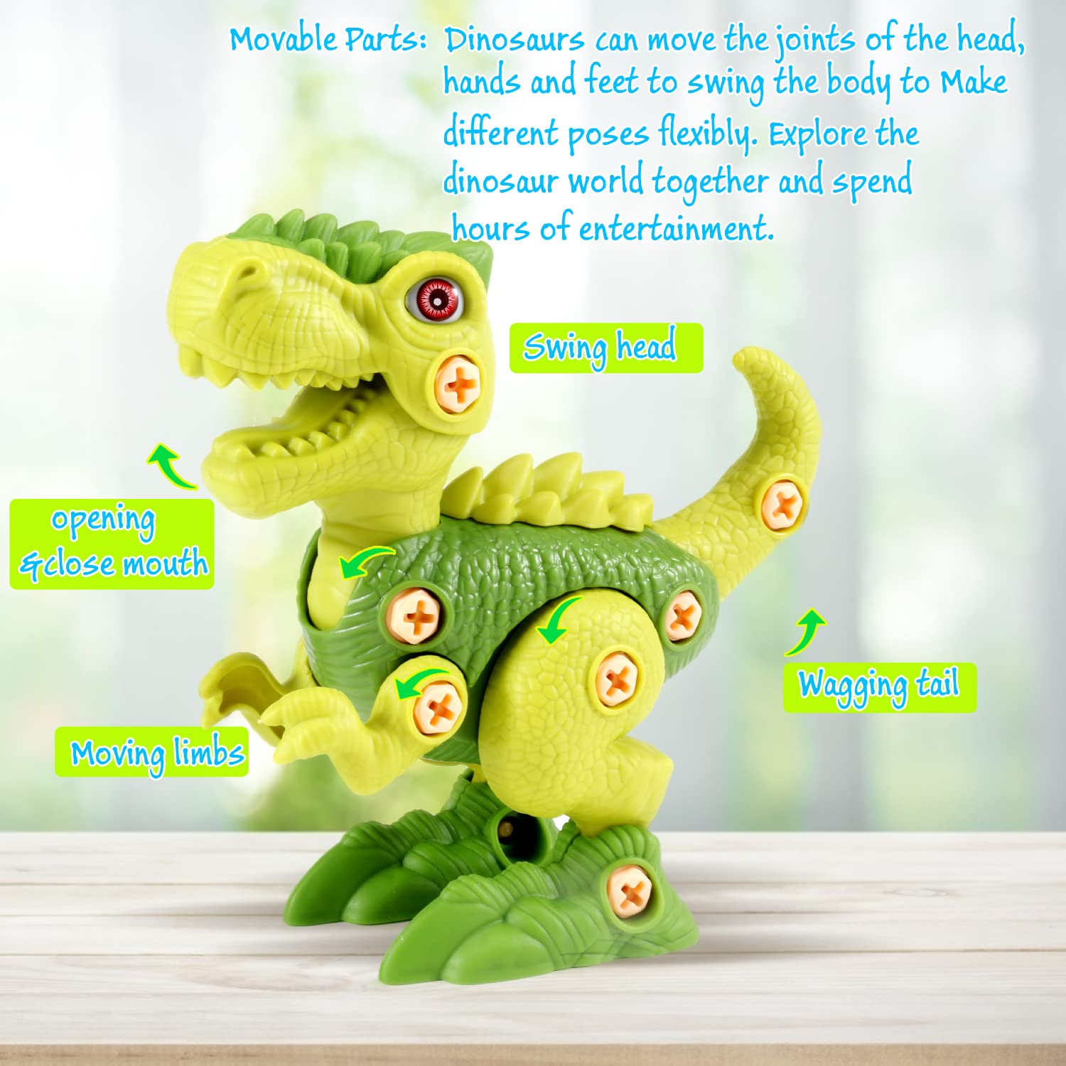 FREE TO FLY cyan velociraptor take-apart toy encourages hands-on building