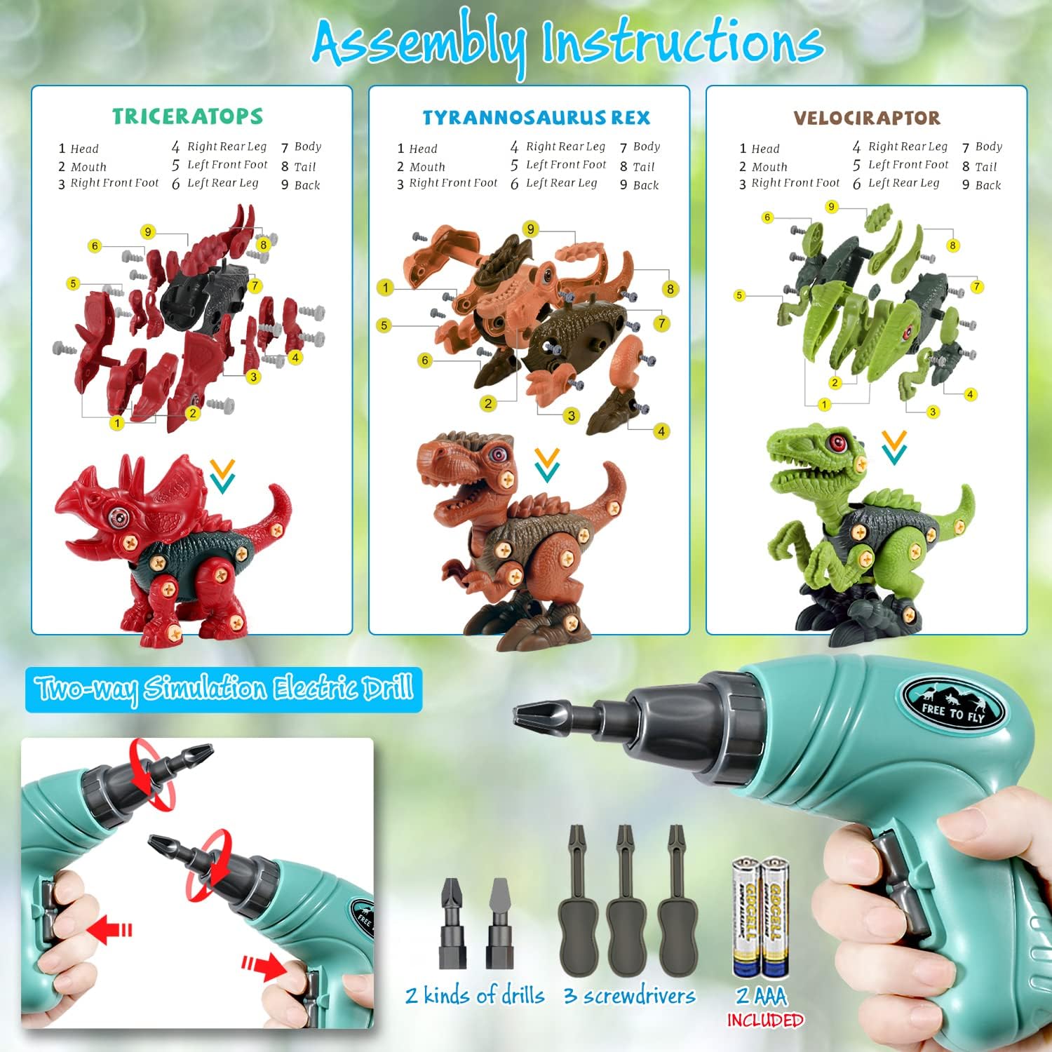 FREE TO FLY electric drill for safe, engaging dino assembly.