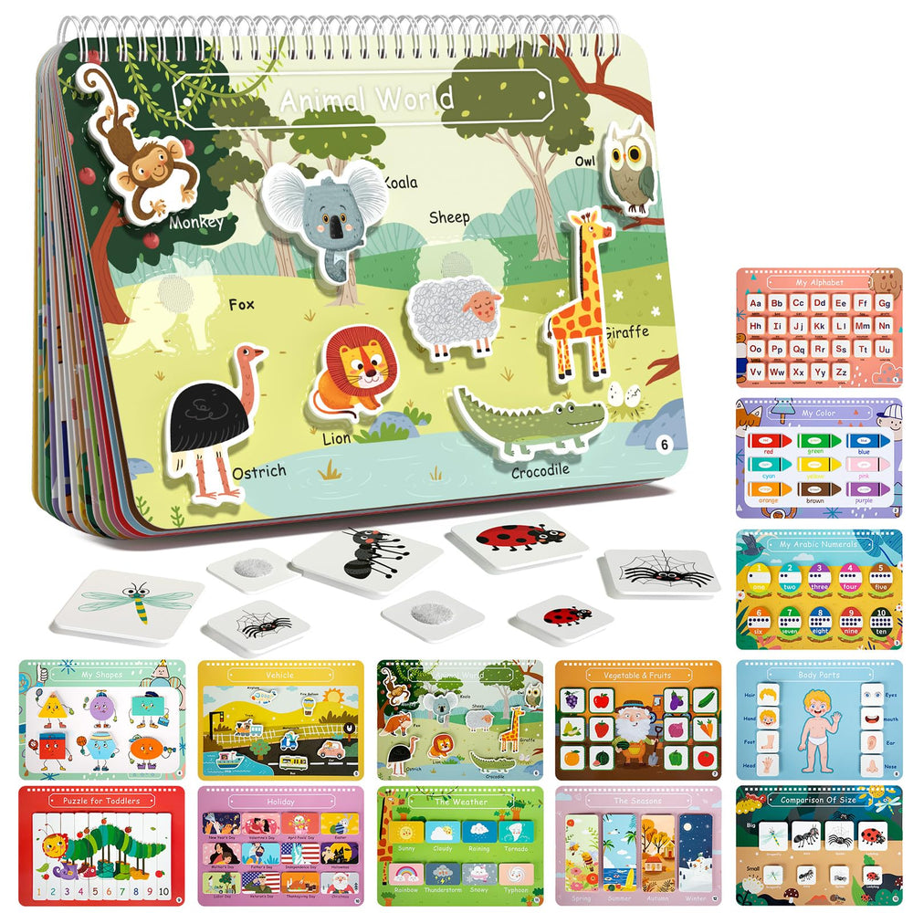 Freebear Busy Book Animals page with friendly creatures for visual learning and language exposure.