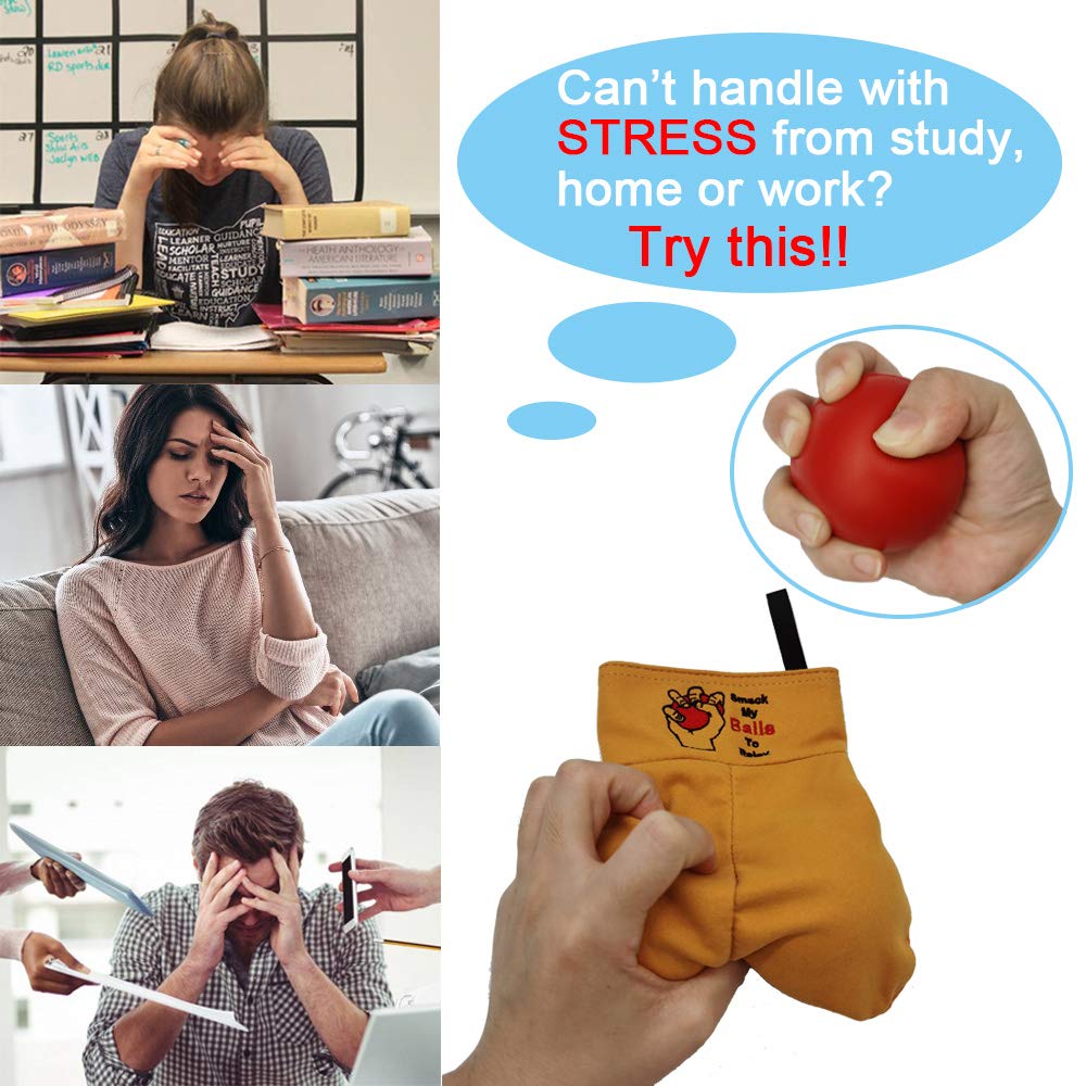 FreeNFond stress relief ball in its storage bag supports portable stress relief.