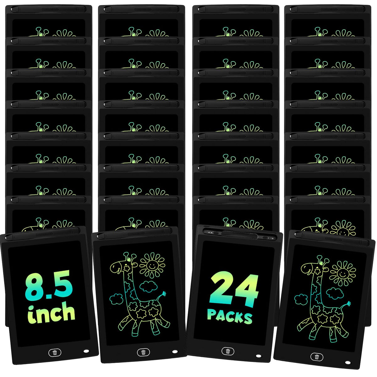 Frelswon 24-pack 8.5-inch LCD writing tablets for kids with bright, erasable surfaces for creativity.