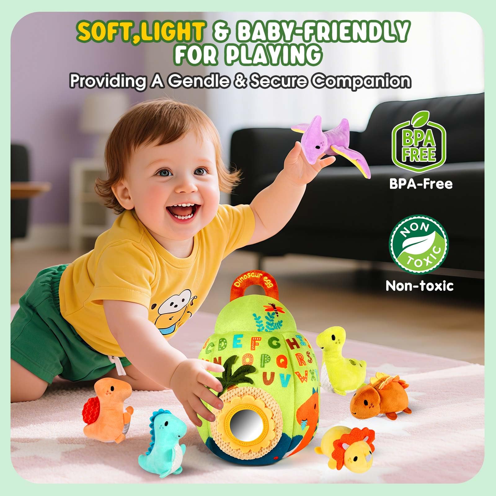 FREYBLI dinosaur egg toy crinkle surface encourages grasping and sensory engagement