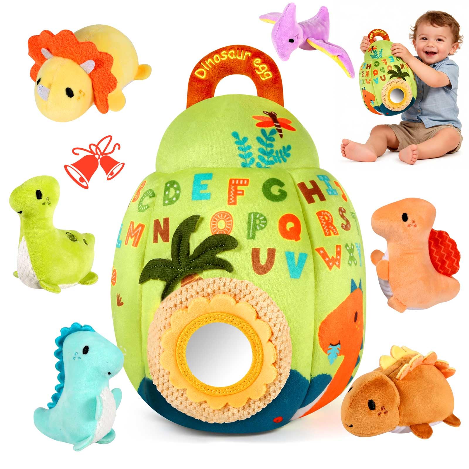 FREYBLI dinosaur egg toy with rattle for tactile exploration and auditory feedback