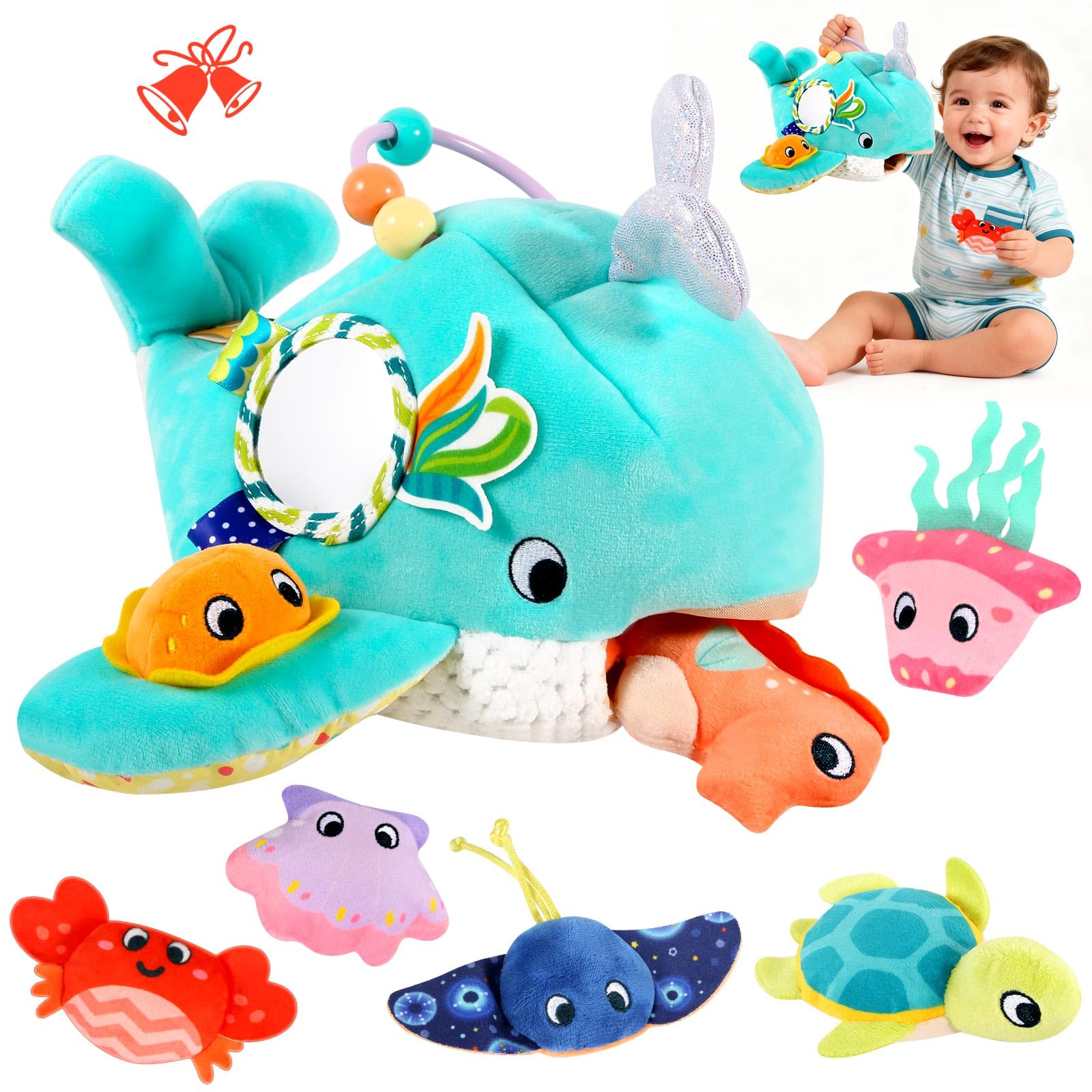 FREYBLI Ocean Adventure Whale toy with tactile textures for babies to explore.