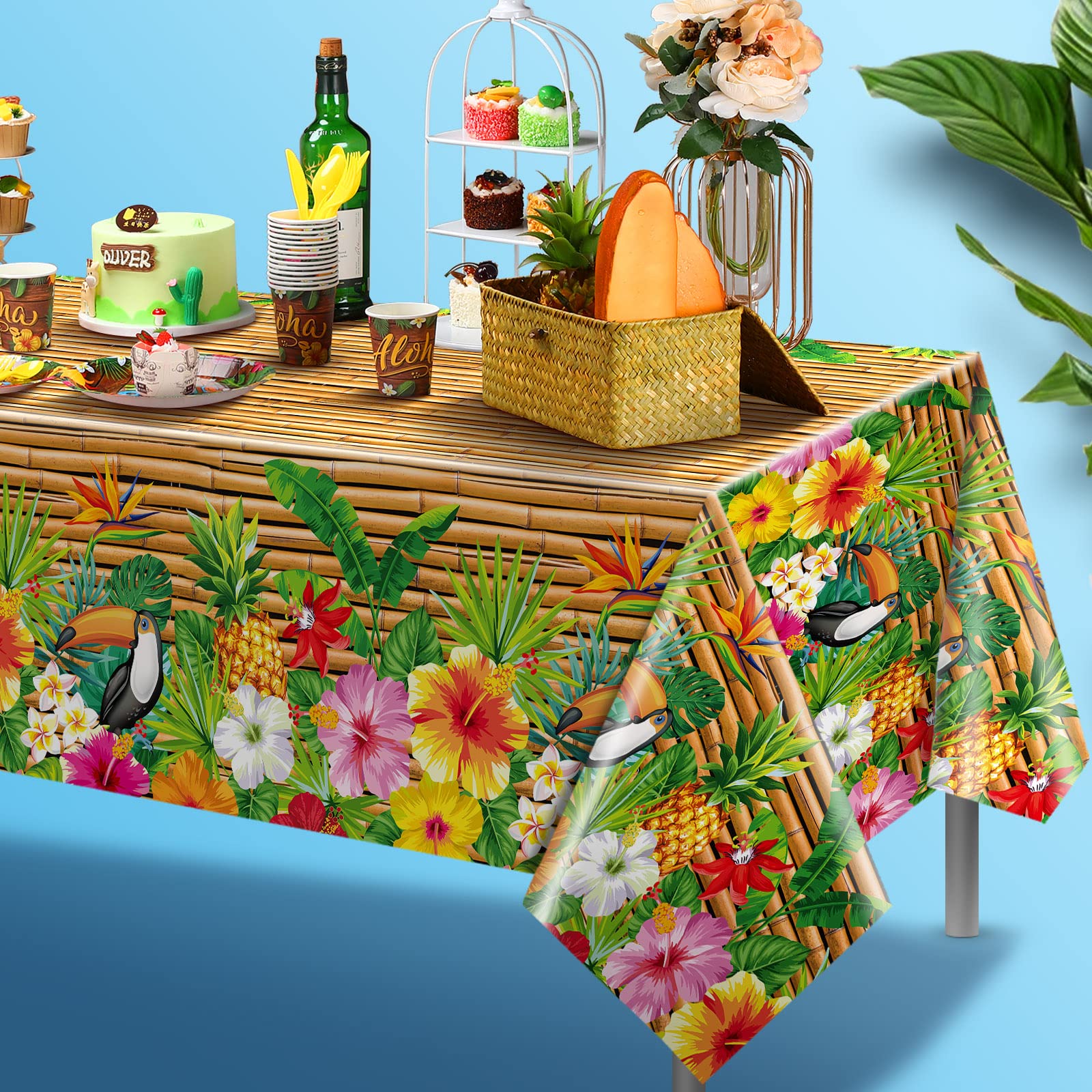 Frienda disposable luau table cover saves cleanup after celebrations.