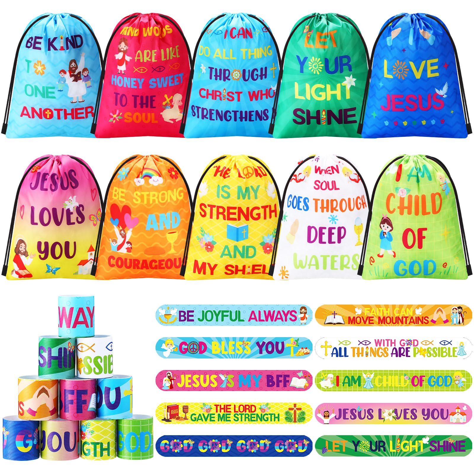 Frienda Jesus Loves You drawstring backpack in vibrant colors for classroom prizes.