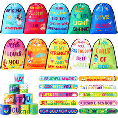 Frienda Jesus Loves You drawstring backpack in vibrant colors for classroom prizes.