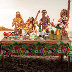 Frienda Hawaiian party tablecloth fits most tables at 108 by 54 inches.