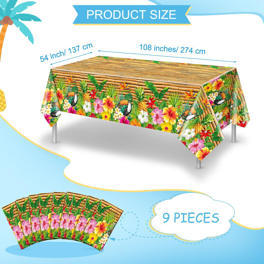 Frienda luau table cover with Hawaiian design adds a festive mood.