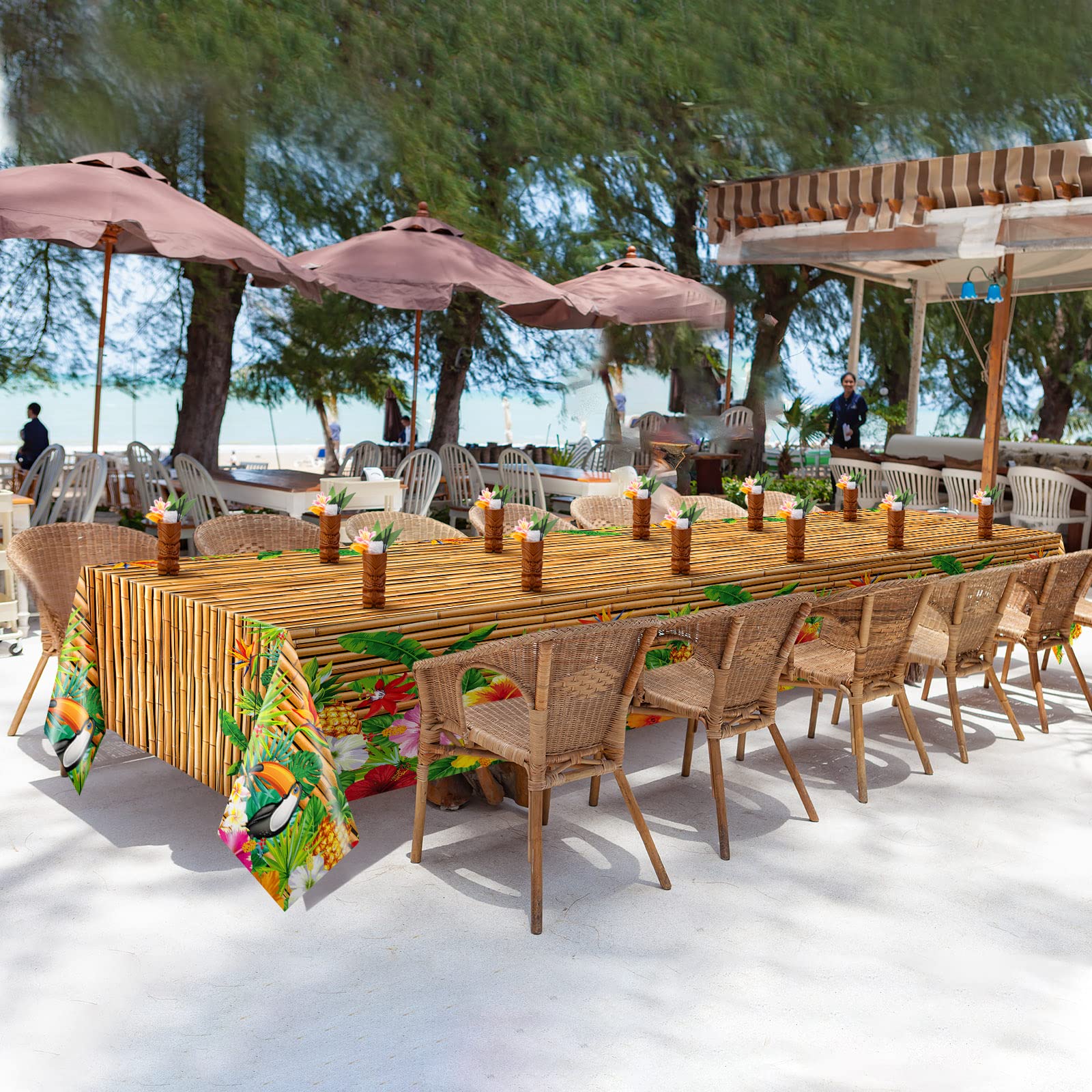 Frienda luau table cover works as a tropical photo backdrop.
