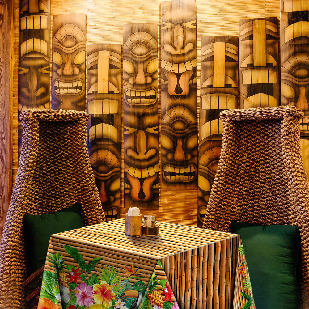 Frienda tropical plastic tablecloth offers sturdy protection and easy handling.