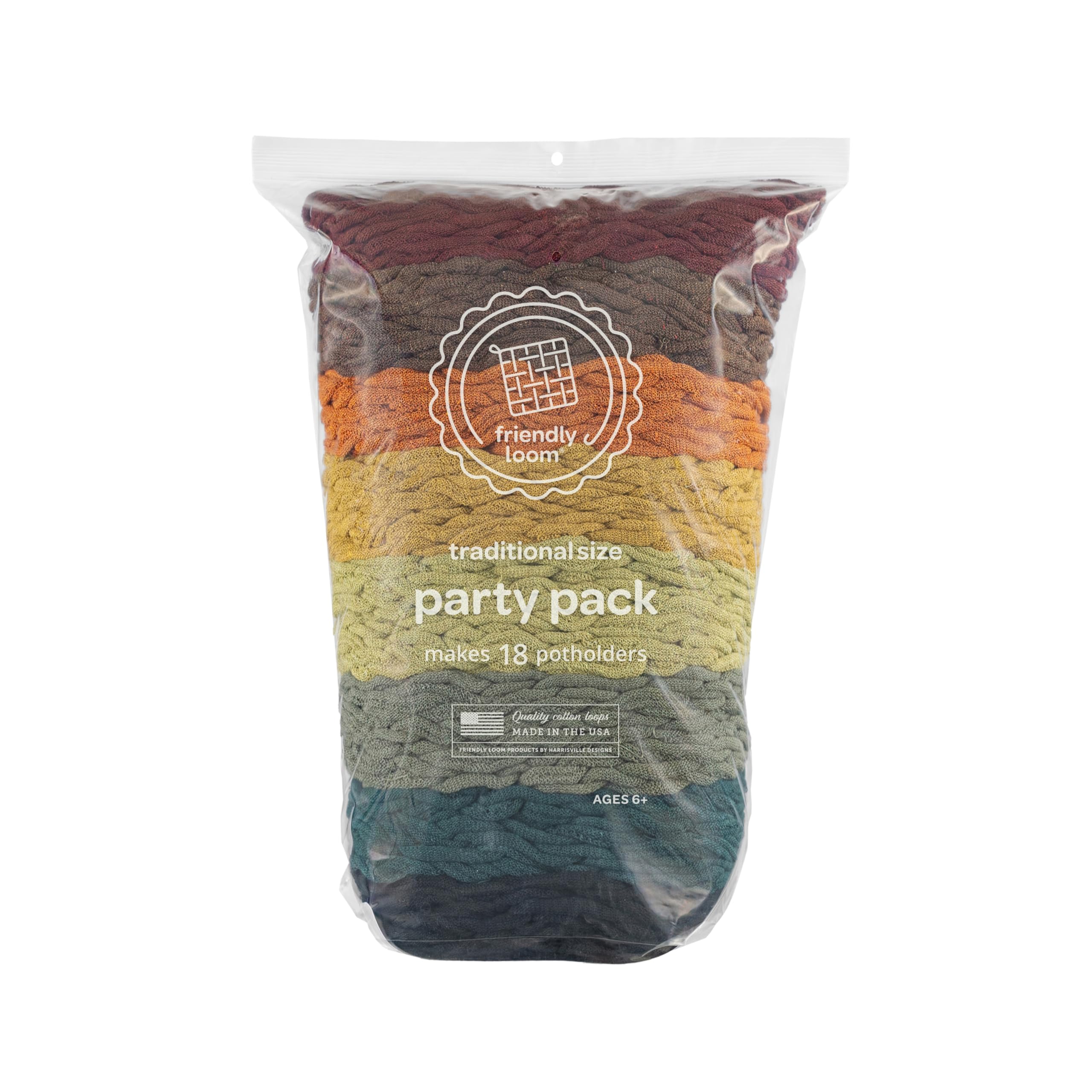 Friendly Loom earthtone cotton loops for 7-inch potholders; durable, colorful DIY weaving material.