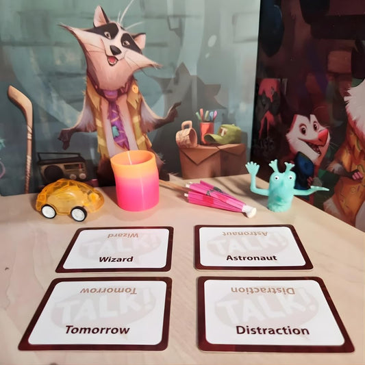 Friendly Skeleton Trash Talk players using props to connect prompts in a lively session