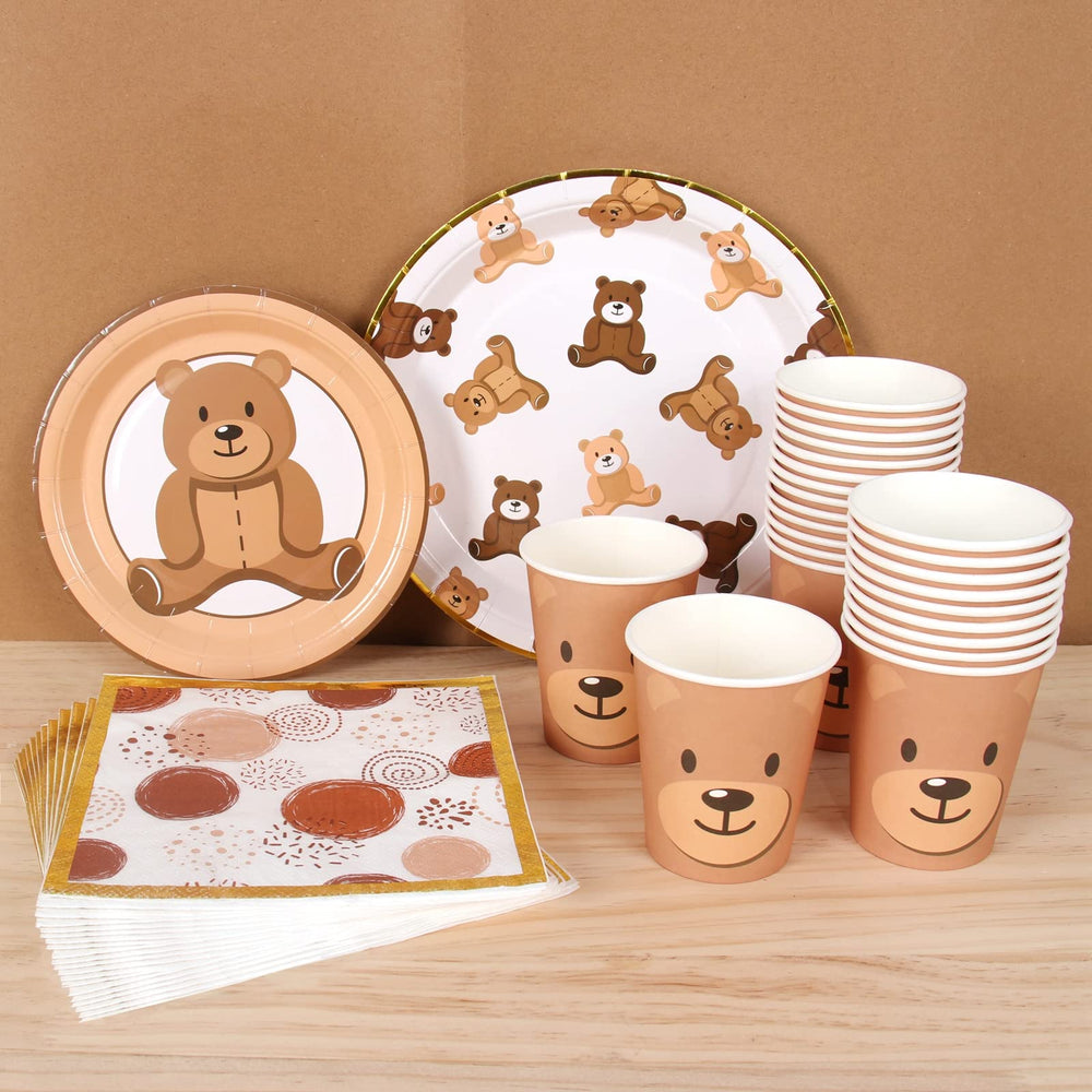 Frigg brown teddy bear plates for bear-themed baby showers with golden rim