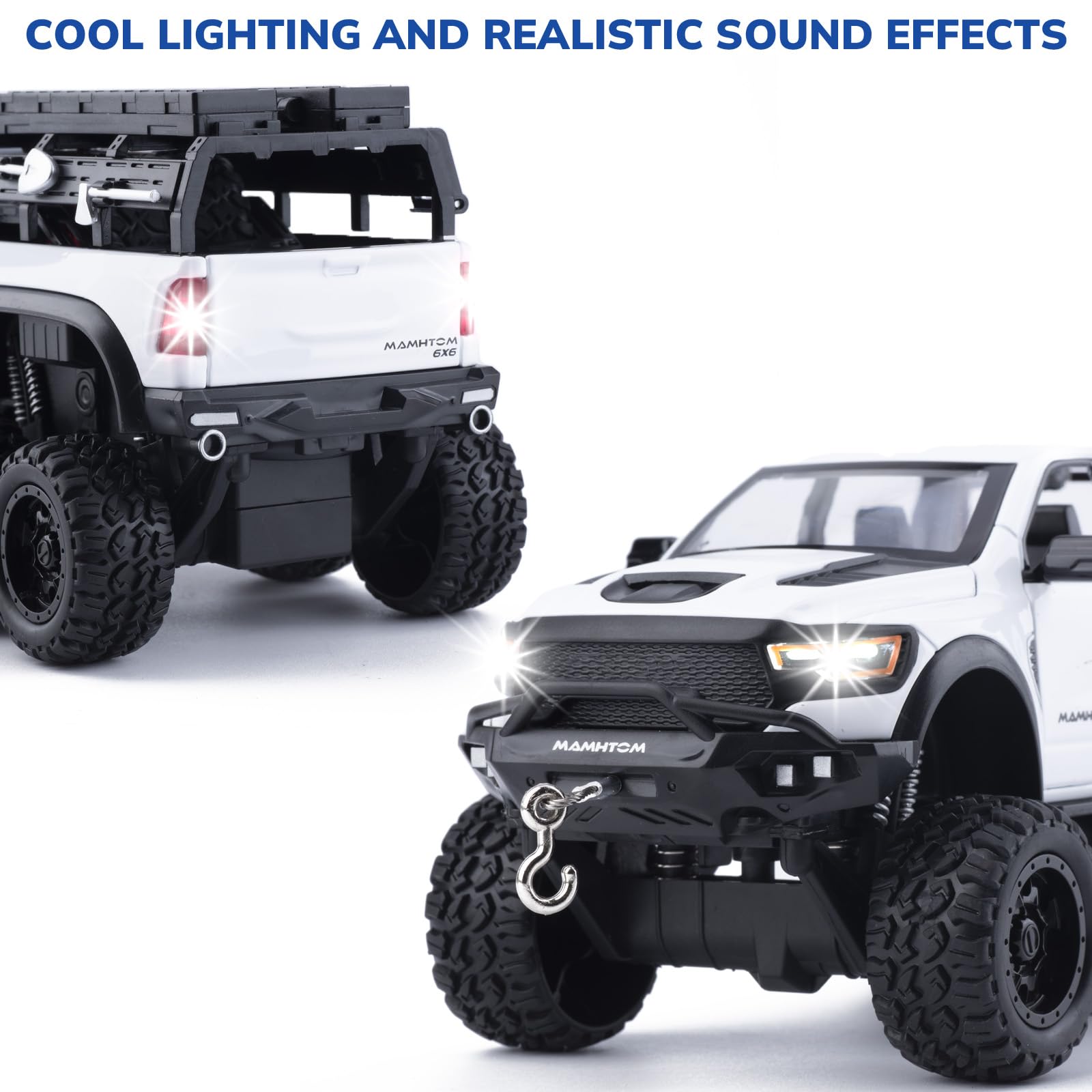 FRJV Mammoth 1/24 diecast pickup pull-back action demonstrates quick movement on clean surfaces.