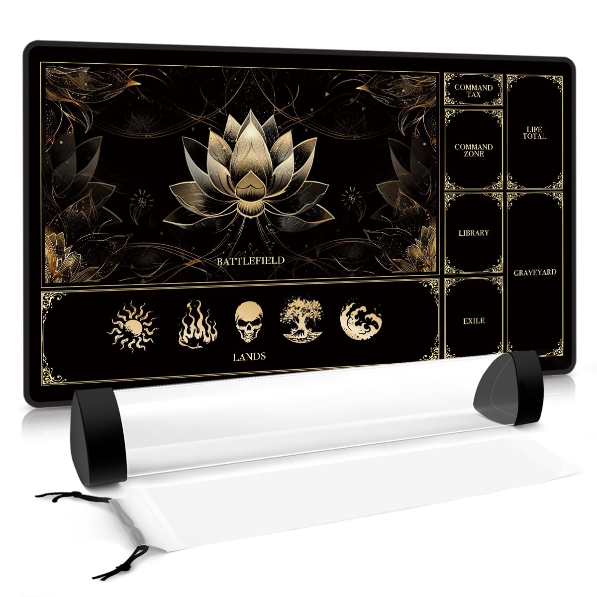 FROGIGO MTG playmat with gold lotus art keeps card layouts neat.