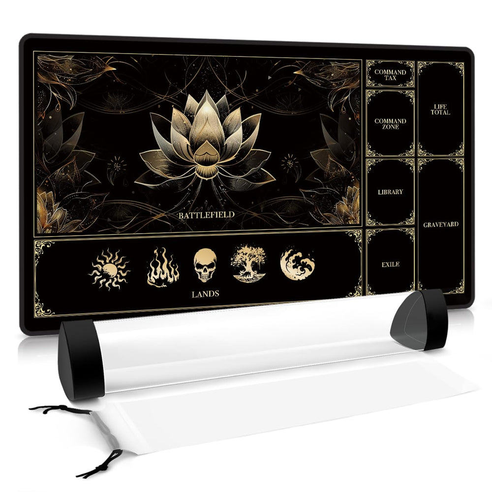 FROGIGO MTG playmat with gold lotus art keeps card layouts neat.