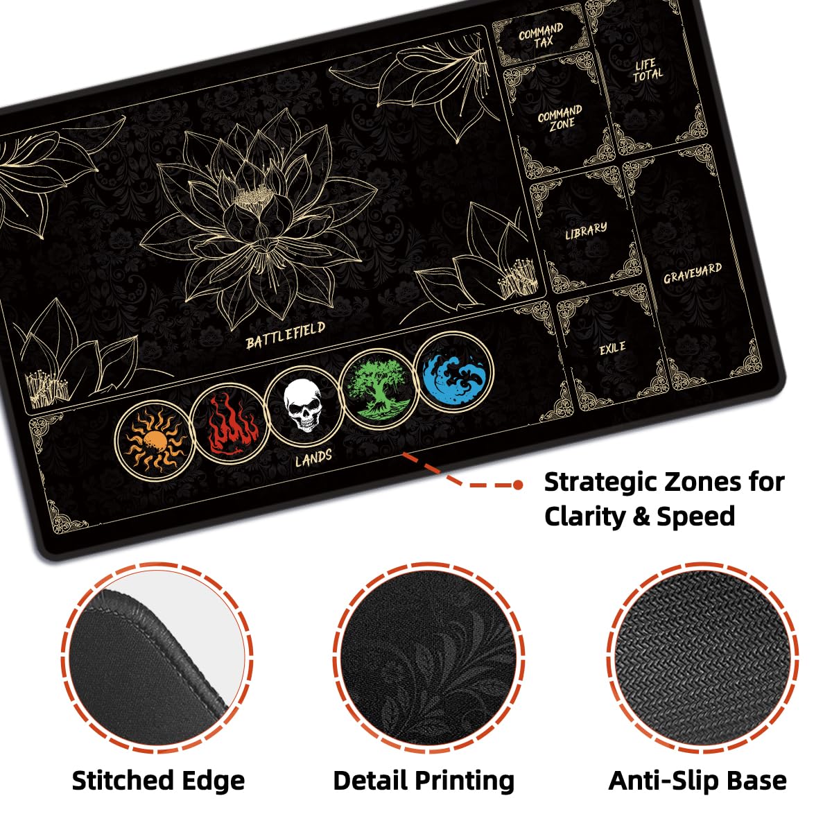 Stitched edge detail on FROGIGO MTG playmat for durability
