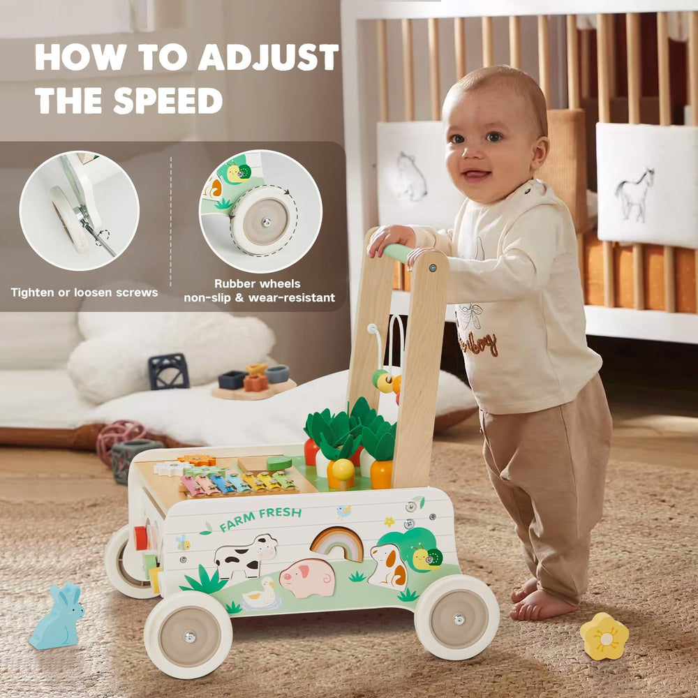 Frogprin beads game on a wooden walker to develop hand-eye coordination
