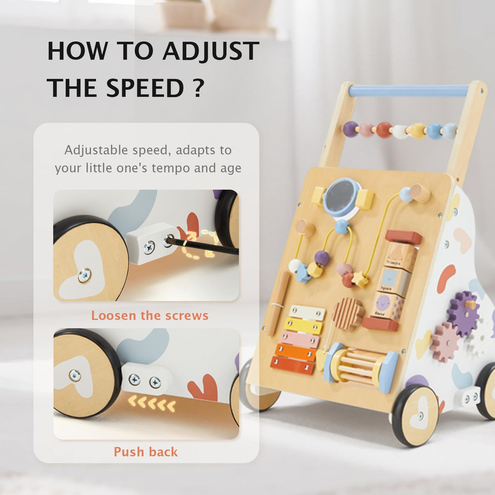 Frogprin walker showing height adjustment feature for different child sizes.