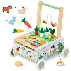 Frogprin wooden baby walker with interactive panel to spark curiosity during play