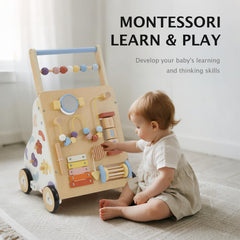 Frogprin Montessori-inspired wooden walker promoting parent-child interaction.