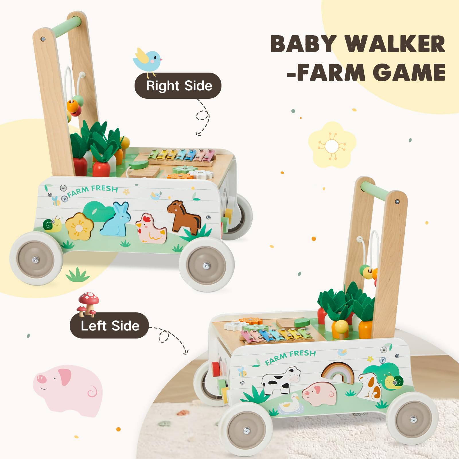Frogprin wooden walker with rubber wheels protecting floors during push
