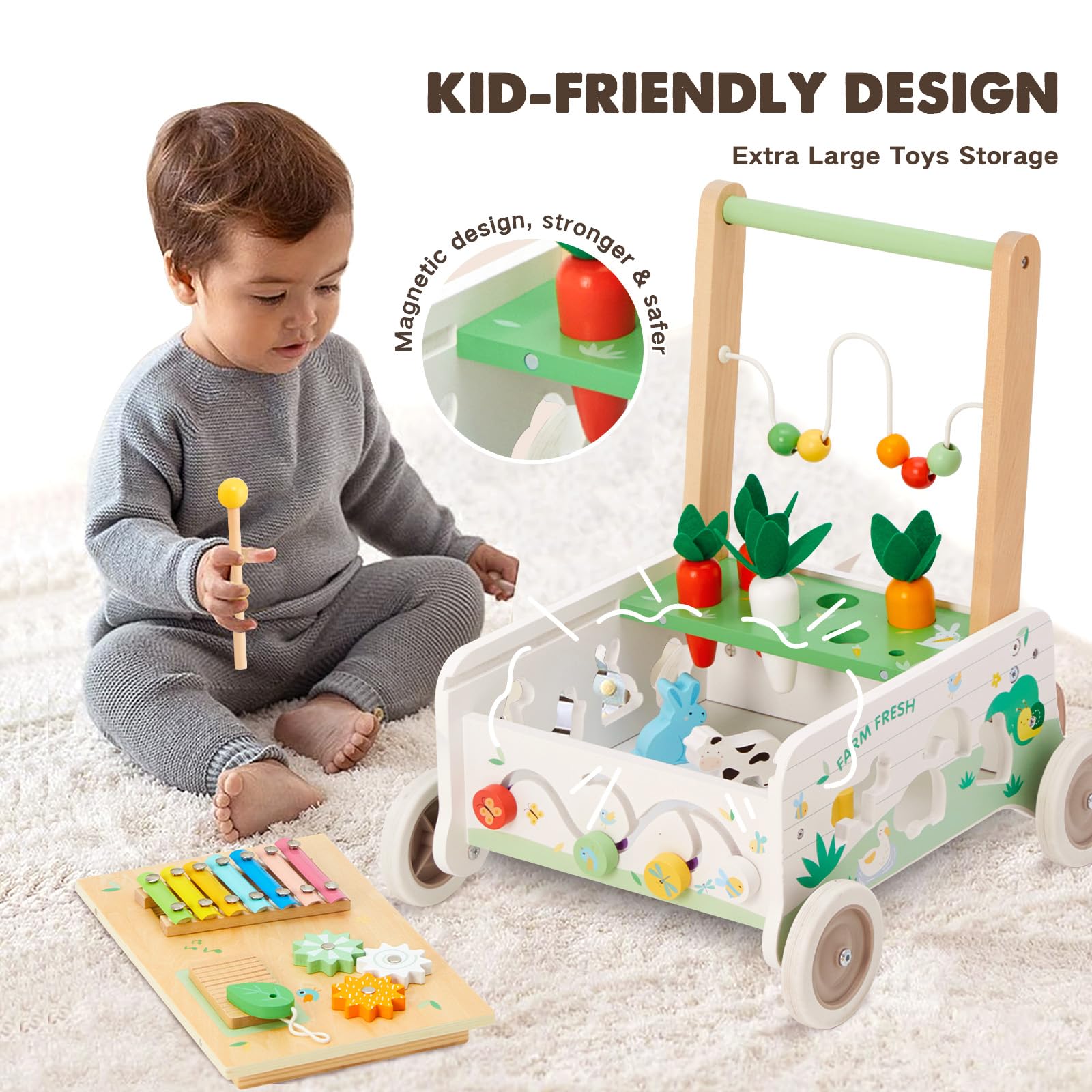 Frogprin wooden walker featuring spinning gears for tactile exploration