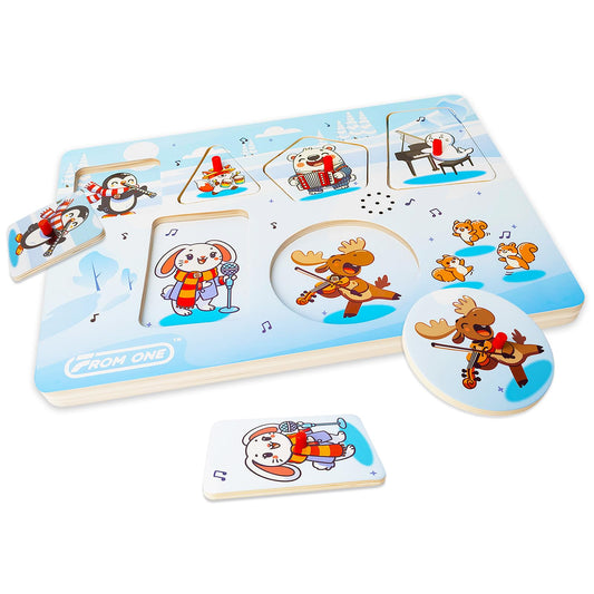 FROM ONE wooden puzzle arctic animals boosts fine motor skills with playful melodies.